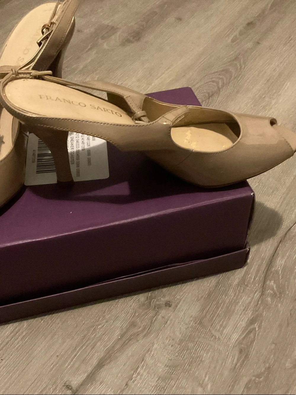 Franco Sarto Beige Patent Peep-Toe Slingback Heels